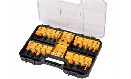 DEWALT DT90017-QZ, Juego de 22 fresas de acero para madera con maletín de transporte, Mango Ø 8mm