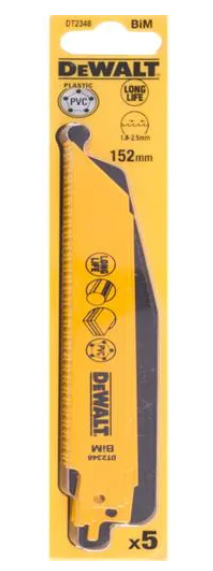 DeWalt DT2348-QZ - Hoja de sierra sable bi-metal, longitud de 152 mm, paso de diente de 1,8-2,5 mm, para plásticos duros y tuberías de 3 a 12 mm de espesor