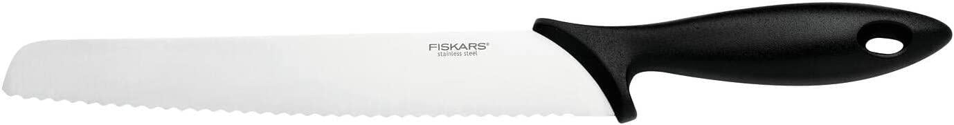 Fiskars Cuchillo para pan con filo dentado, Essential, plástico/acero inoxidable, longitud de la hoja: 23 cm, negro/plateado, 1065564