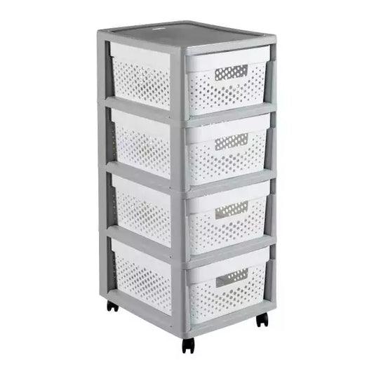 Curver - Mueble Organizador 4 Cajones Infinity con Ruedas - Cajones Extraíbles - Colores Gris/Blanco