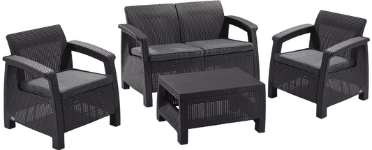 Keter Corfu Conjunto de jardín Exterior 4 plazas y Mesa con Cojines incluidos, Resina con Acabado ratán Plano, Color Grafito