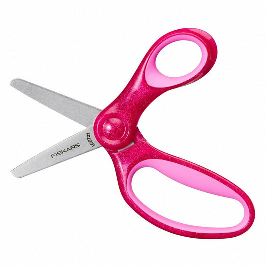 Fiskars Tijeras para niños, A partir de 6 años, Longitud: 13 cm, Para diestros y zurdos, Hoja metálica/mangos de plástico, Rosa, Purpurina, 1064074