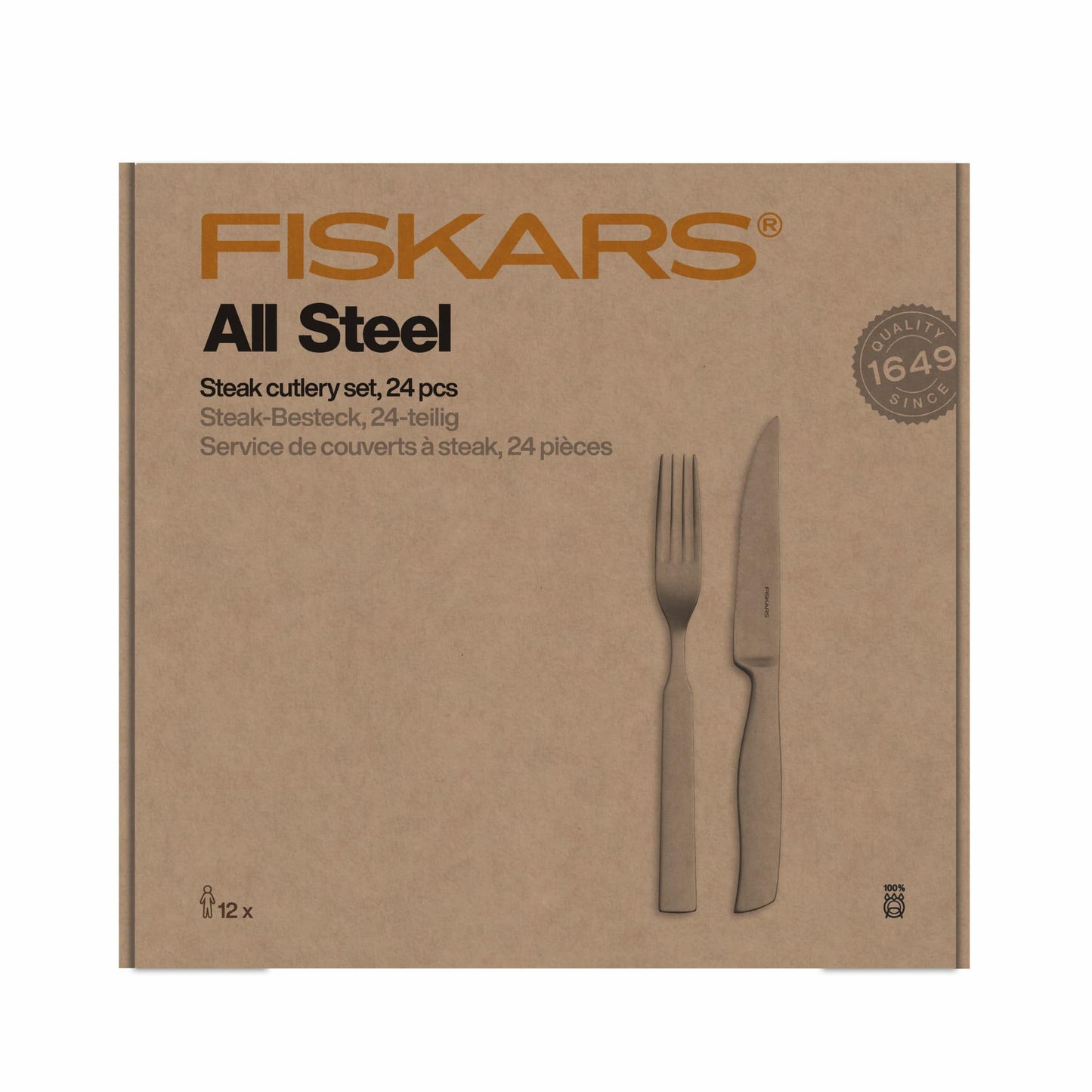 Fiskars All Steel Juego de cuchillos de carne de carne, 24 piezas, acabado mate, acero inoxidable, apto para lavavajillas