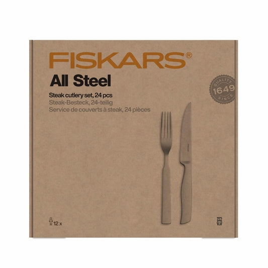 Fiskars All Steel Juego de cuchillos de carne de carne, 24 piezas, acabado mate, acero inoxidable, apto para lavavajillas
