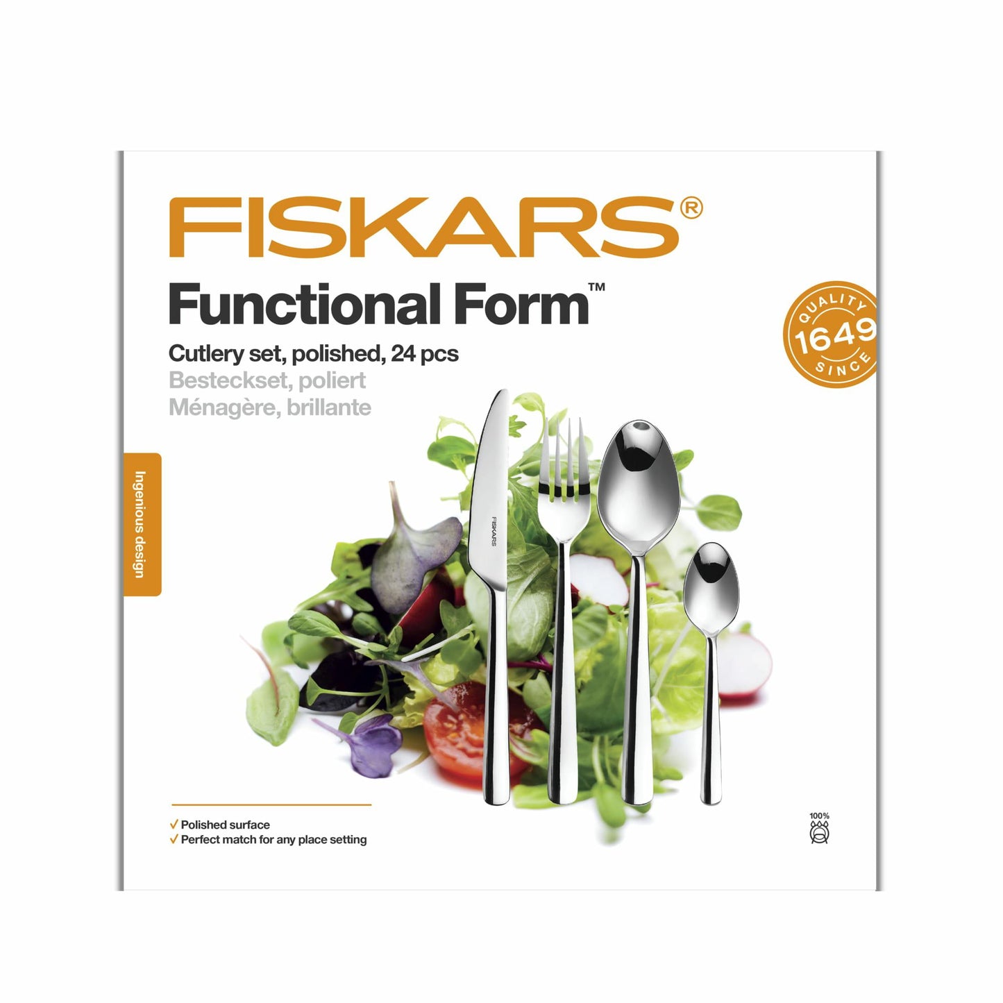 Fiskars Set de Cubiertos, 24 Piezas, Functional Form, 6 Cuchillos, 6 Tenedores, 6 Cucharas y 6 Cucharitas, Acero Inoxidable 18/10, Plata/Brillante, Caja de Regalo, 1071623