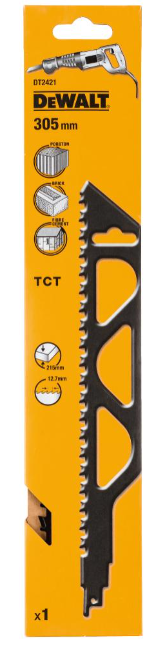 DeWalt DT2421-QZ - Hoja de sierra sable bi-metal, longitud: 305mm, paso de diente: 12.7mm, hoja de carburo de tungsteno para corte de hormigón celular, ladrillo rojo y fibrocemento hasta 250mm