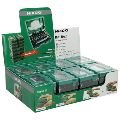 Hikoki 40030020 - Caja de puntas 1/4", 24 piezas, 25 mm, incl. carraca, tamaño I
