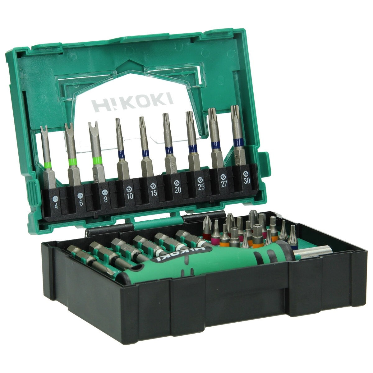 Hikoki 40030023 - Caja de puntas 1/4", 31 piezas, incl. empuñadura de atornillador, tamaño II