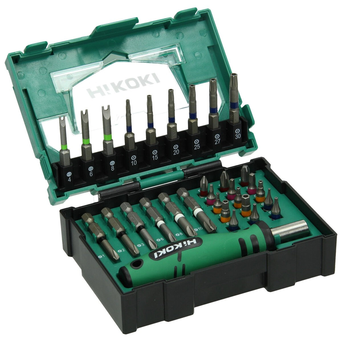 Hikoki 40030023 - Caja de puntas 1/4", 31 piezas, incl. empuñadura de atornillador, tamaño II