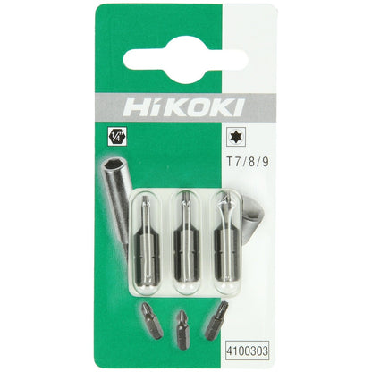 Hikoki 4100303 - 3 puntas 1/4" para tornillos Torx T7 / T8 / T9, 25 mm