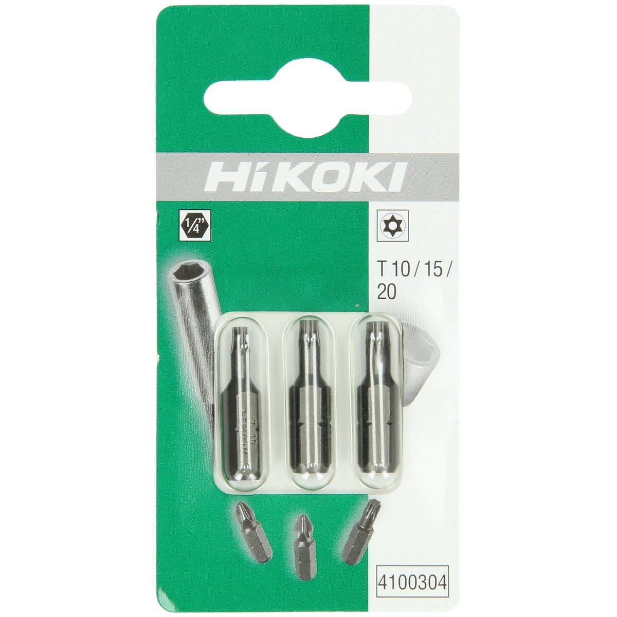 Hikoki 4100304 - 3 puntas 1/4" para tornillos Torx T10 / T15 / T20, con orificio, 25 mm