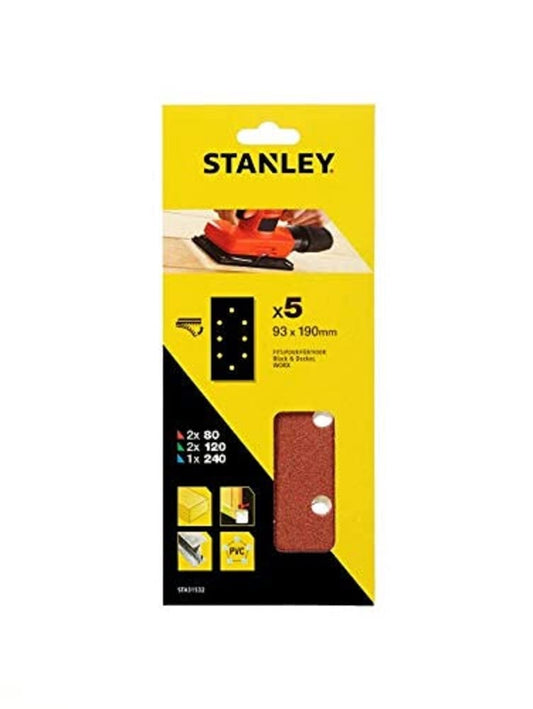 Stanley STA31532-XJ - 5 Hojas de Lija Perforadas, 1/3 (93 x 190 mm), Grano Surtido, Autoadherentes