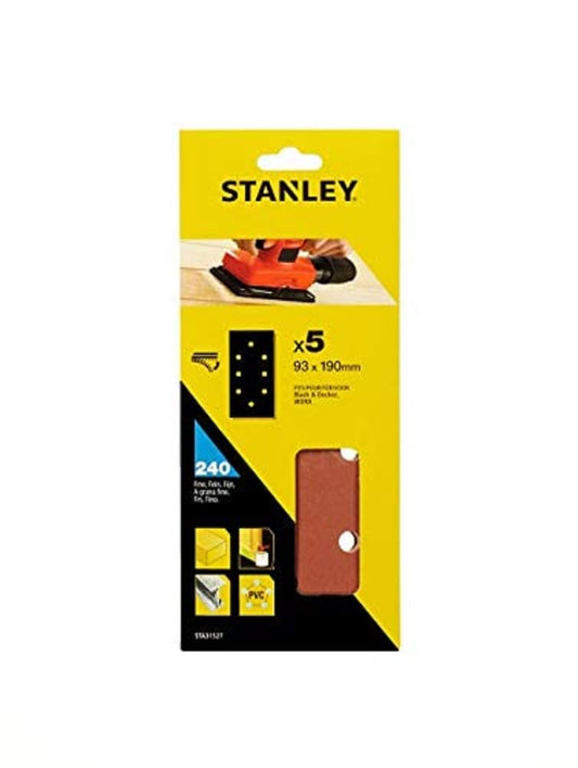 STANLEY STA31527-XJ - 5 hojas de lija perforadas. 1/3 (93 x 190mm). Grano 240. Autoadherentes. Madera, pintura, barniz, yeso, metal y plástico.