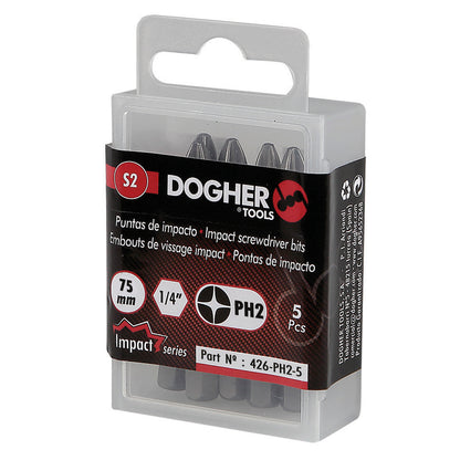 Dogher 426-PH2-5 - Caja 5 Puntas de Atornillar de Impacto 1/4" S2 75mm Phillips PH2