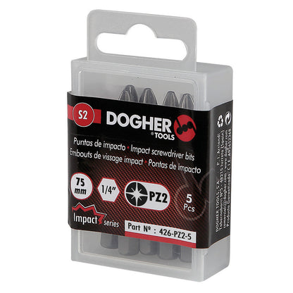 Dogher 426-PZ2-5 - Caja 5 Puntas de Atornillar de Impacto 1/4" S2 75mm Pozidriv PZ2