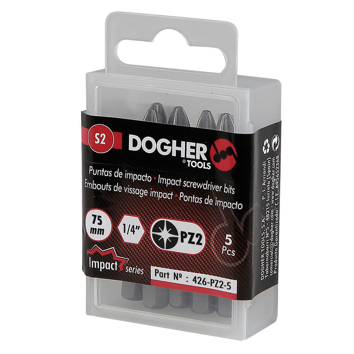 Dogher 426-PZ3-5 - Caja 5 Puntas de Atornillar de Impacto 1/4" S2 75mm Pozidriv PZ3
