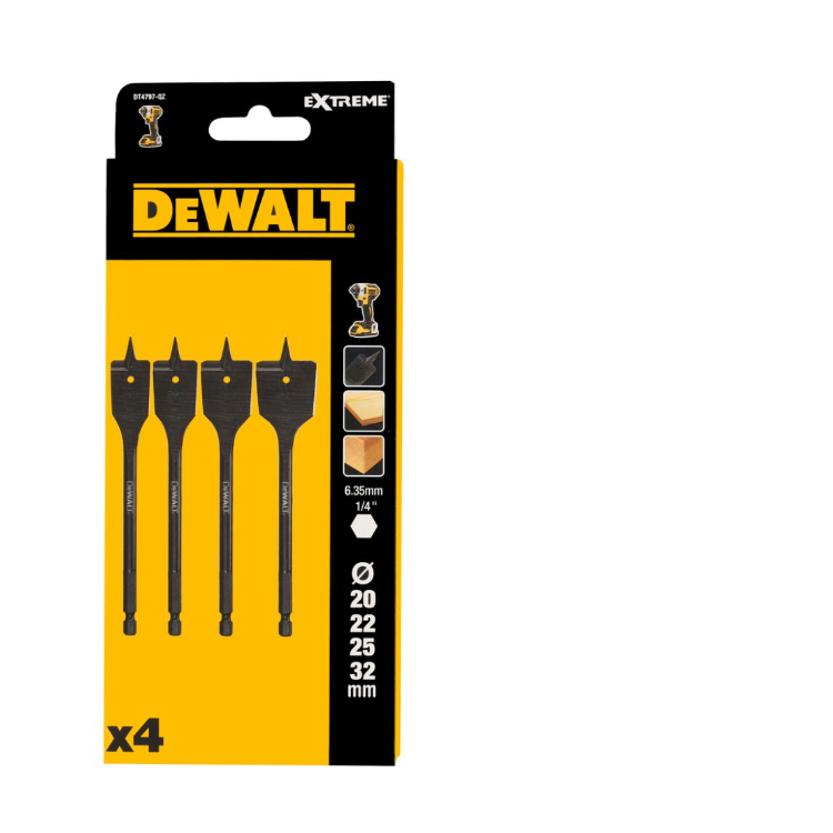 DeWalt DT4797-QZ, Juego de 4 fresas para madera, Dimensiones 20/22/25/32 mm, Mango de acero para una optima durabilidad y vida útil, Uso en madera dura y con clavos, blanda de construcción