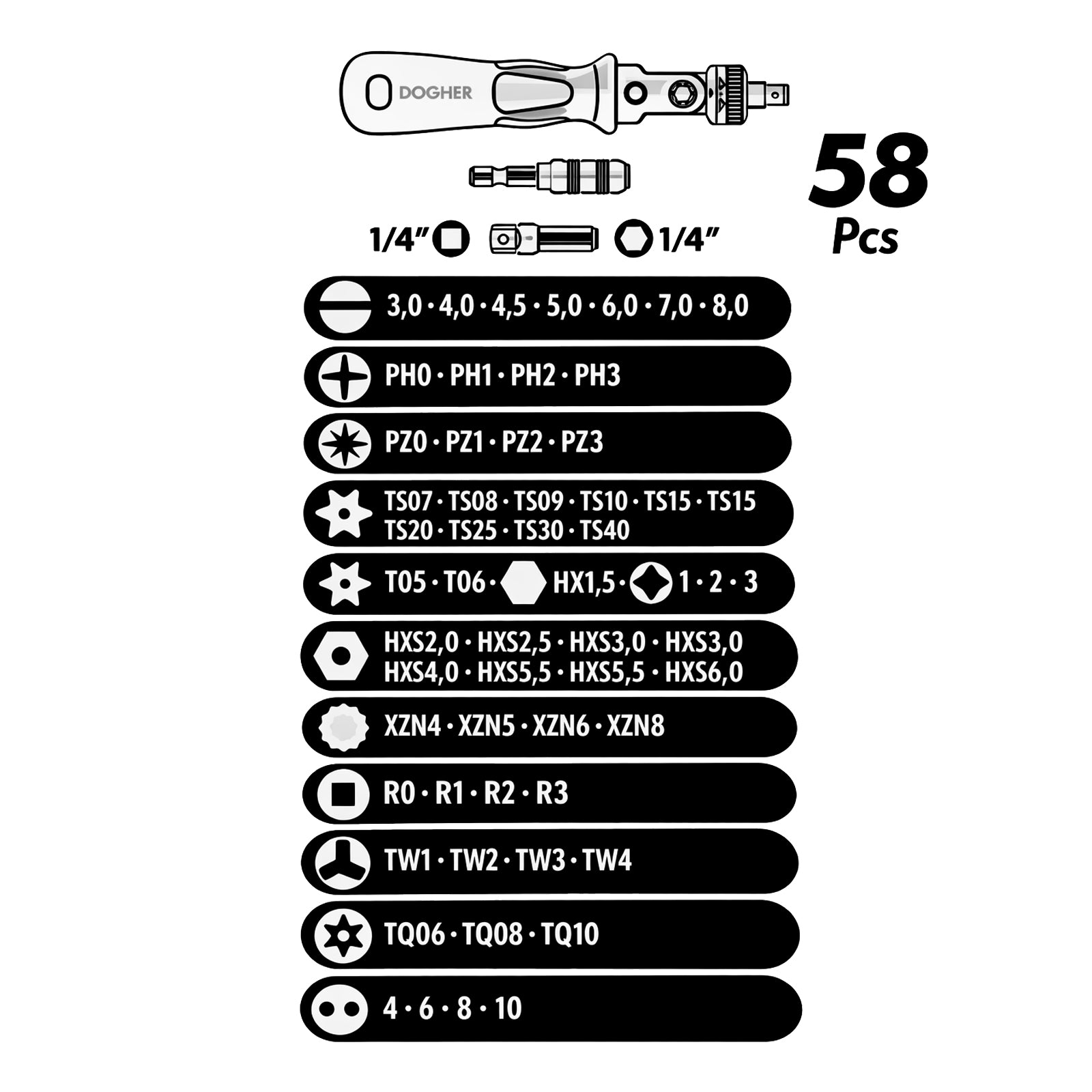Dogher 438-008 - Estuche Puntas Atornillar & Llave Carraca Flexible 58Pcs