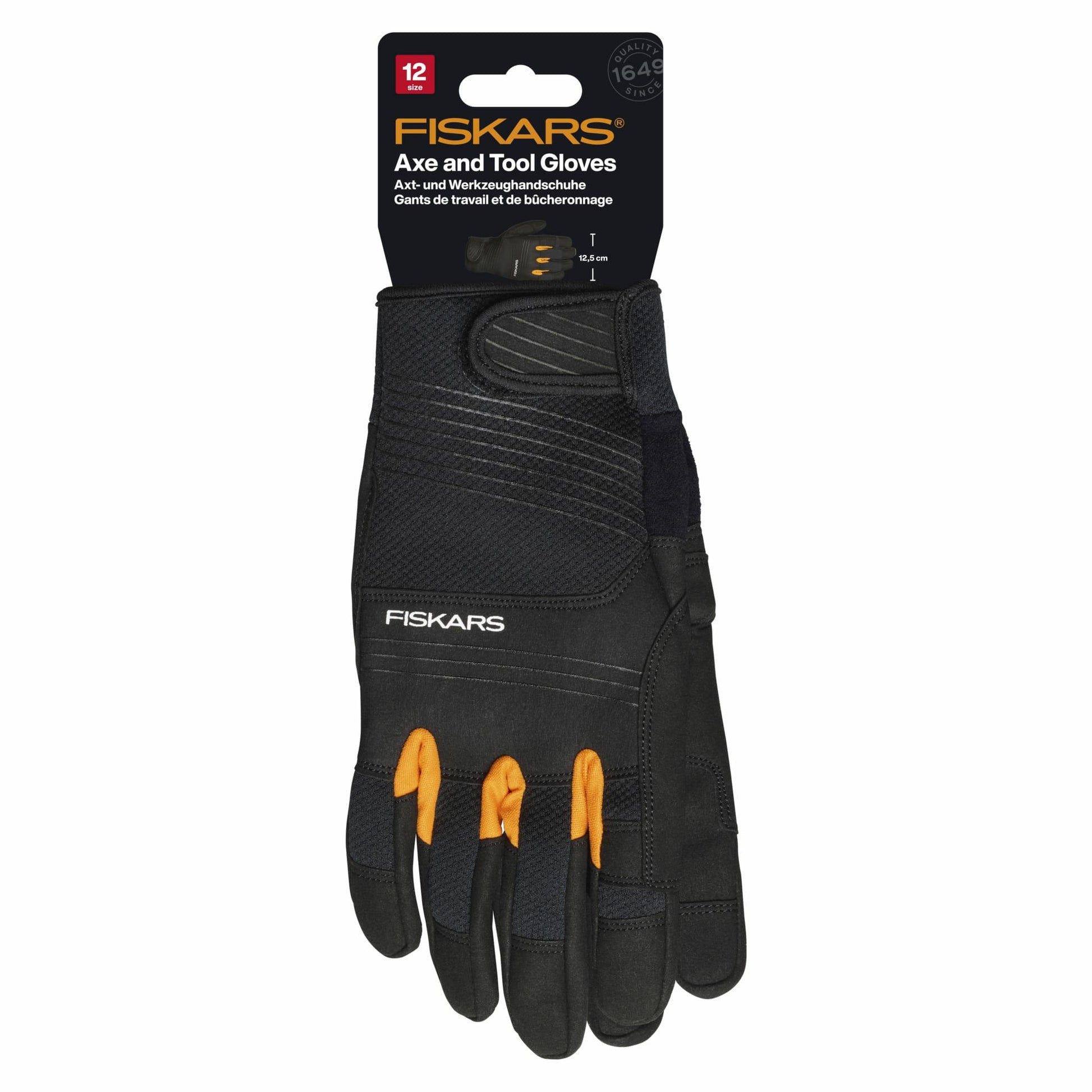 Fiskars Guantes para Hachas y Herramientas, Guantes de Trabajo, Almohadillas para Pulgar y Dedos Compatibles con Pantallas Táctiles, Imitación Piel/Malla, Talla 12, Negro/Naranja, 1071151