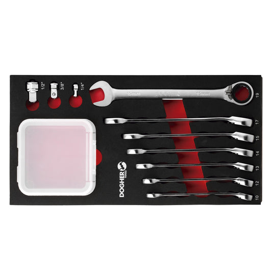 Dogher 457-080 - Bandeja Combinables 1/3 - 10 Llaves Combinadas Carraca Reversible 15º