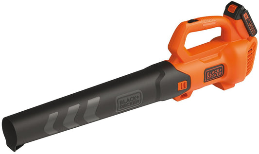 Black+Decker Axial BCBL200L - Soplador de hojas con batería (18 V, 2,0 Ah, alta velocidad de soplado de 145 km/h, volumen de aire 577 m³/h, raspador de hojas integrado, para patios, caminos, jardines,