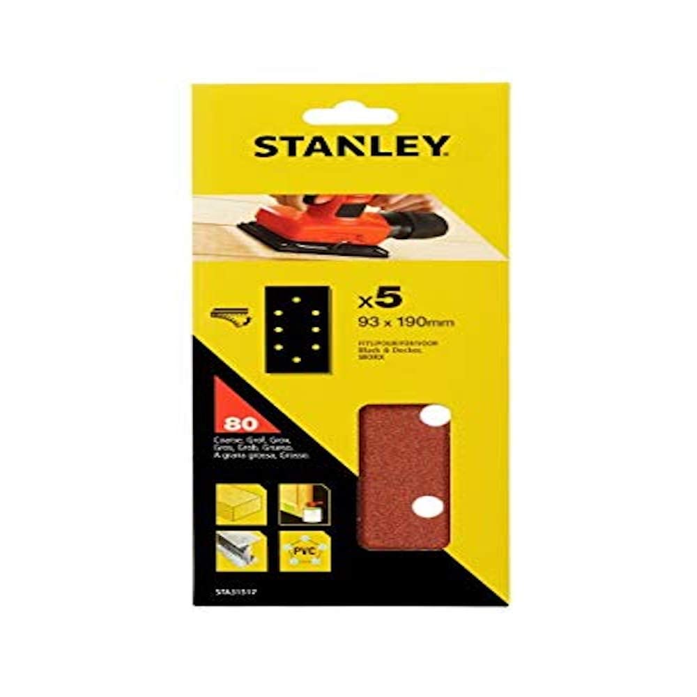 STANLEY STA31517-XJ - 5 hojas de lija perforadas. 1/3 (93 x 190mm). Grano 80. Autoadherentes. Madera, pintura, barniz, yeso, metal y plástico.