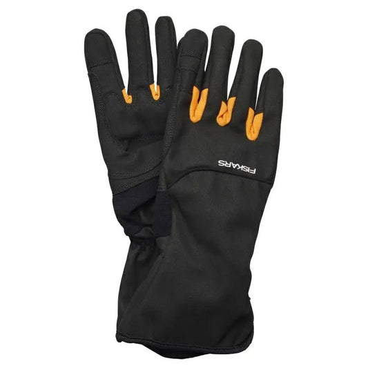 Fiskars Guantes para el Cuidado de Arbustos, Guantes de Trabajo para el Jardín, Pulgares y Puntas de los Dedos Compatibles con Pantallas Táctiles, Imitación de Cuero, Talla 8, Negro/Naranja, 1071152