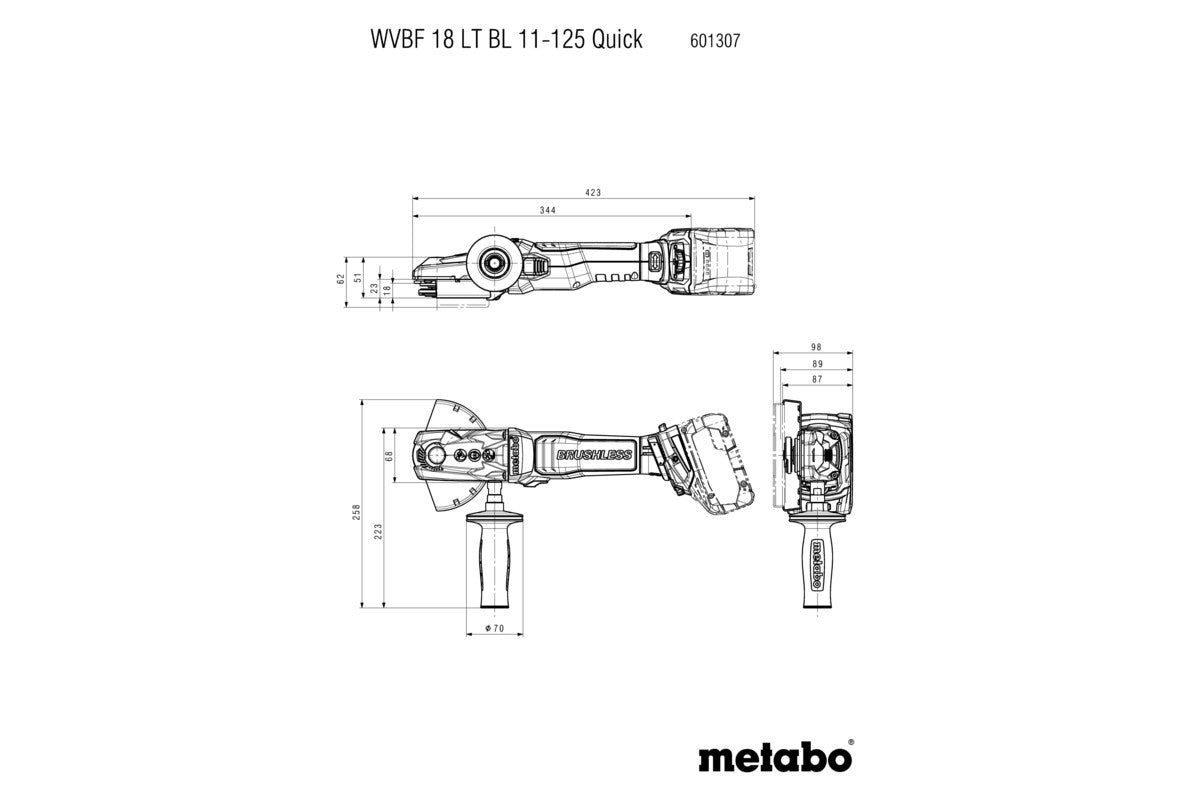 Metabo 601307840 - Amoladora angular de cabeza plana de batería WVBF 18 LT BL 11-125 Quick