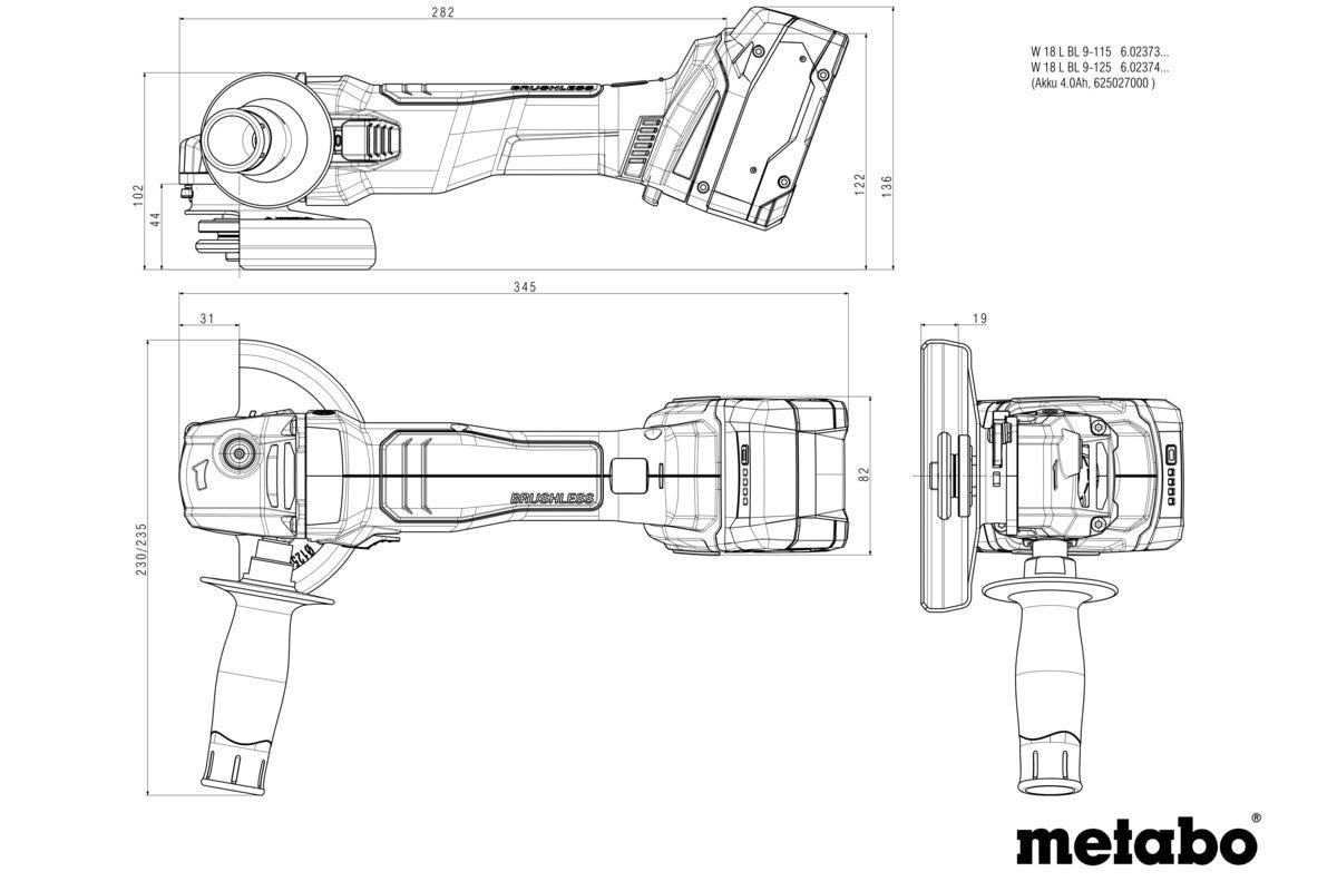 Metabo 602374840 - Amoladora angular de batería W 18 L BL 9-125