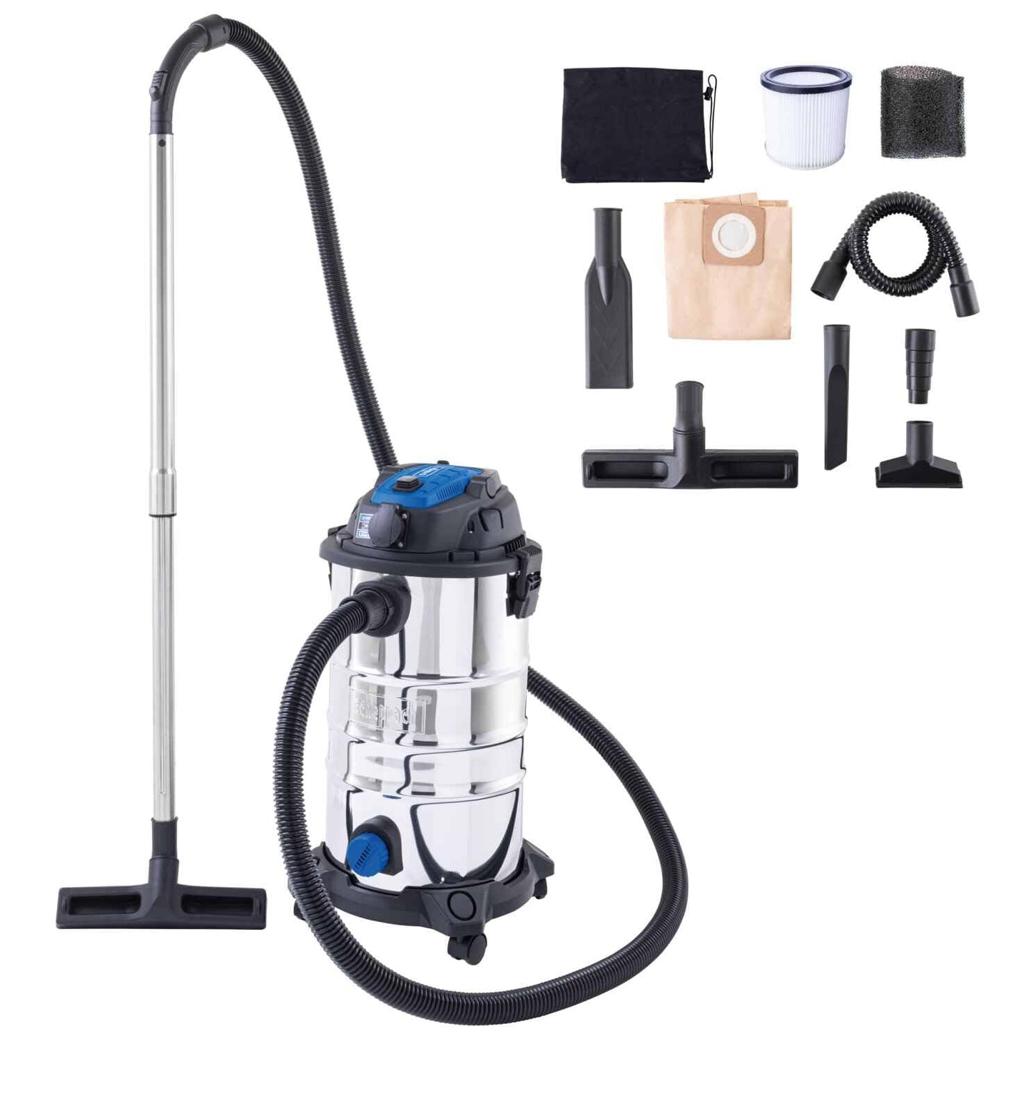 Scheppach 5907746901 - Aspirador de sólidos y líquidos VC30 Premium, 1500 W, Depósito inox de 30 L, Toma para herramientas