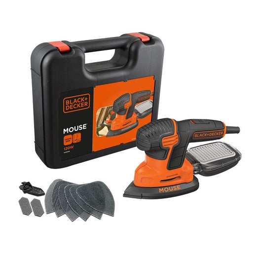 BLACK+DECKER Lijadora de detalles Mouse 120W, 3 zonas de agarre, encaje rápido de lija, bote de polvo con microfiltración, incluye 6 hojas de lija y maletín, KA2500K
