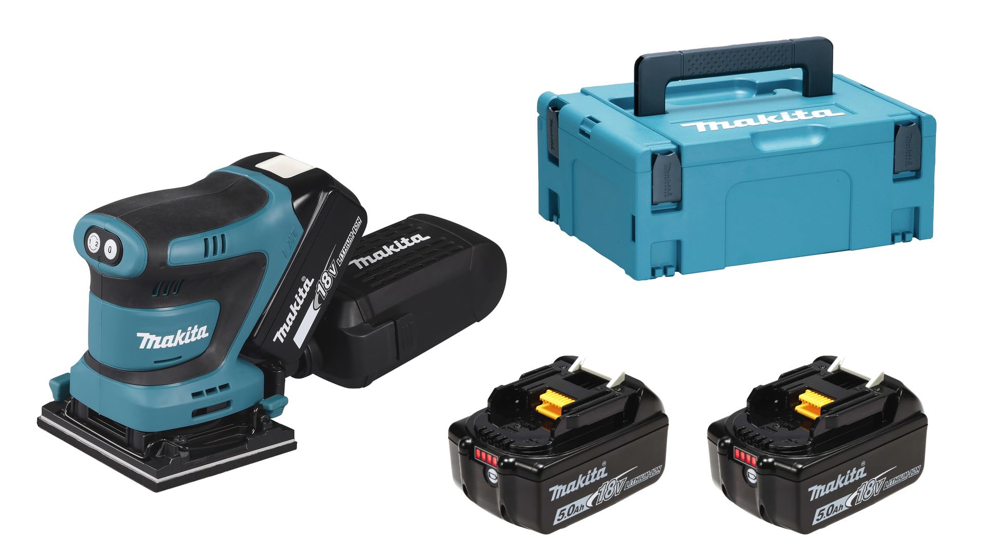 Makita DBO480RTJ - Lijadora de acabado LXT de iones de litio de 18 V completa con 2 baterías de 5,0 Ah y cargador suministrado en una funda Makpac