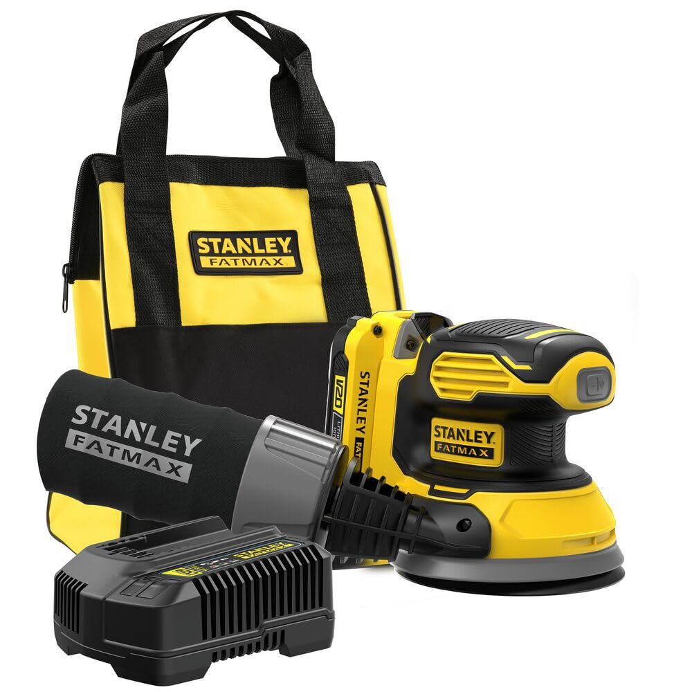 STANLEY FATMAX SFMCW220D1S-QW - Lijadora rotorbital 18V, 12.000 rpm, Incluye bolsa de transporte, 1 batería 2Ah, 1 cargador 2Ah Gama FATMAX V20