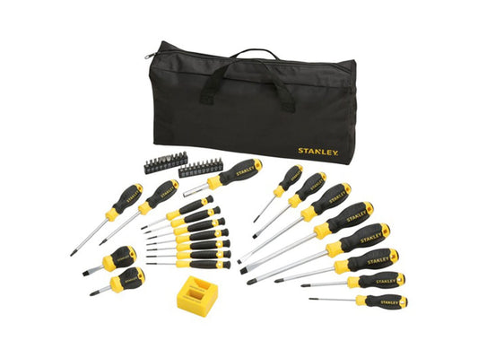Stanley STHT0-62113 - Juego de 42 destornilladores con bolsa de nylon, Portapuntas + Puntas + Magnetizador, Punta del mango lisa, Destornillador de acero cromado, Anticorrosión, Recubrimiento SoftGrip