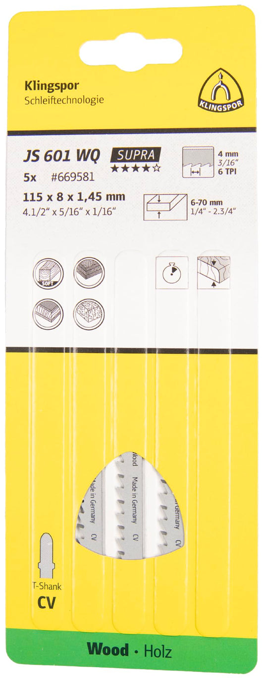Klingspor 670538 - Hoja de sierra de calar JS 601 WQ para madera, 100 x 8 x 1,45 mm, 6 dientes por pulgada (Lote de 5 uds)