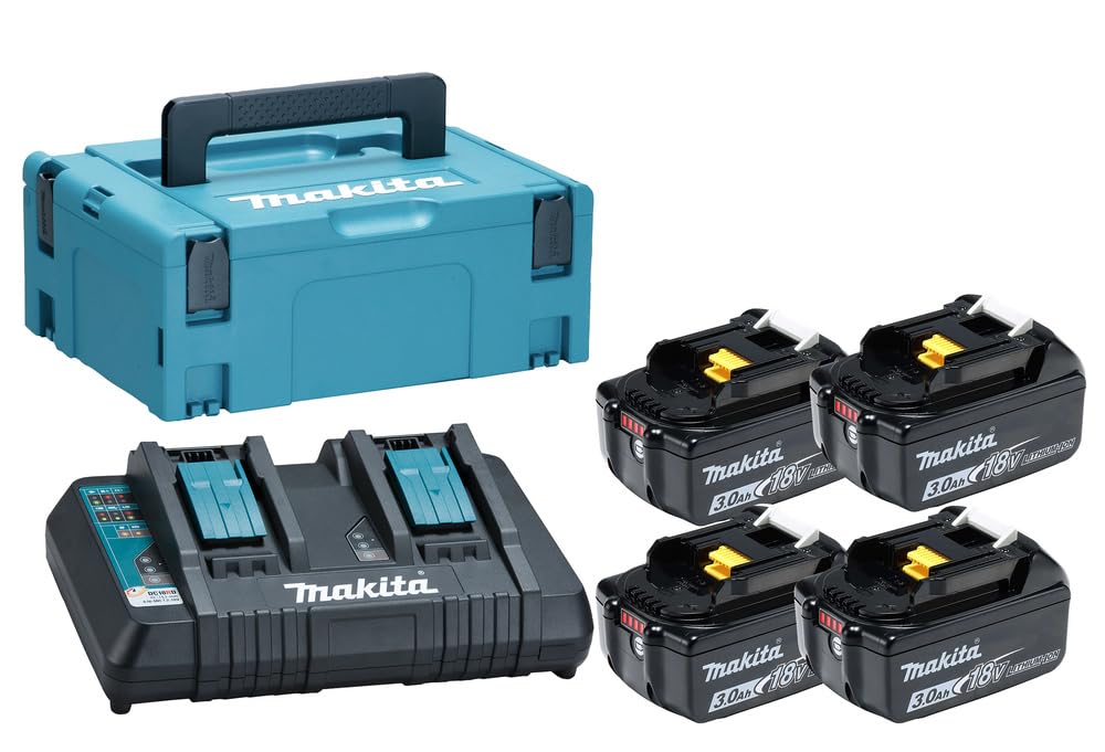 Makita 197970-3 - Juego de baterías LXT Li-Ion 18 V 4 x 3,0 Ah BL1830B, Cargador DC18RD, Makpac 2