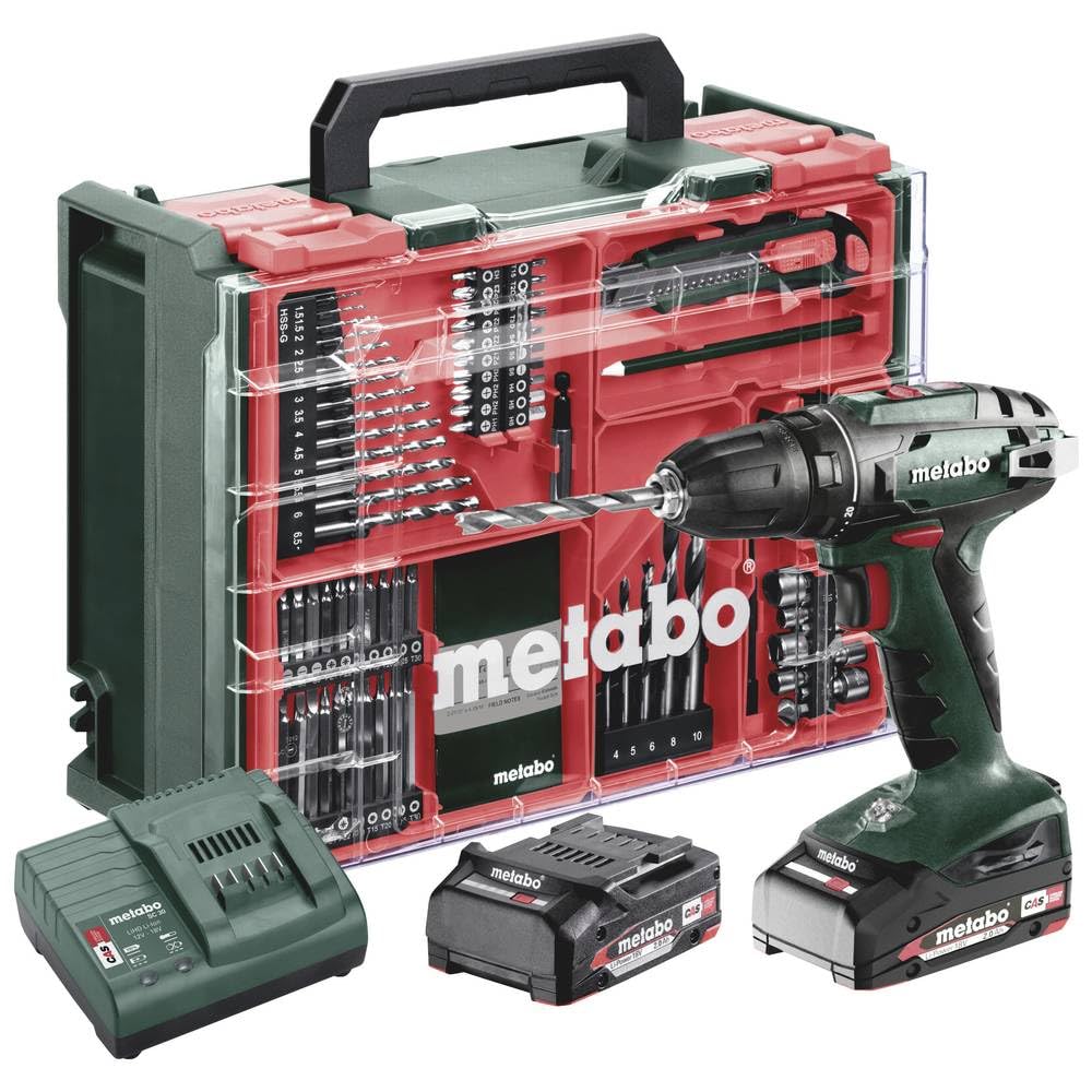 Metabo 602207710 - Taladro atornillador de batería BS 18 Set 18 V, 2x2,0 Ah, 74 accesorios