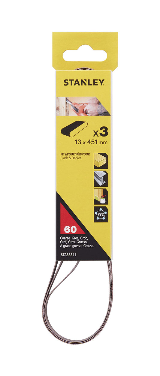 STANLEY STA33311-XJ - 3 Cintas para lima eléctrica 13 x 451mm. Grano 60. Para madera, metal, yeso, pintura, barniz. Larga Duración.