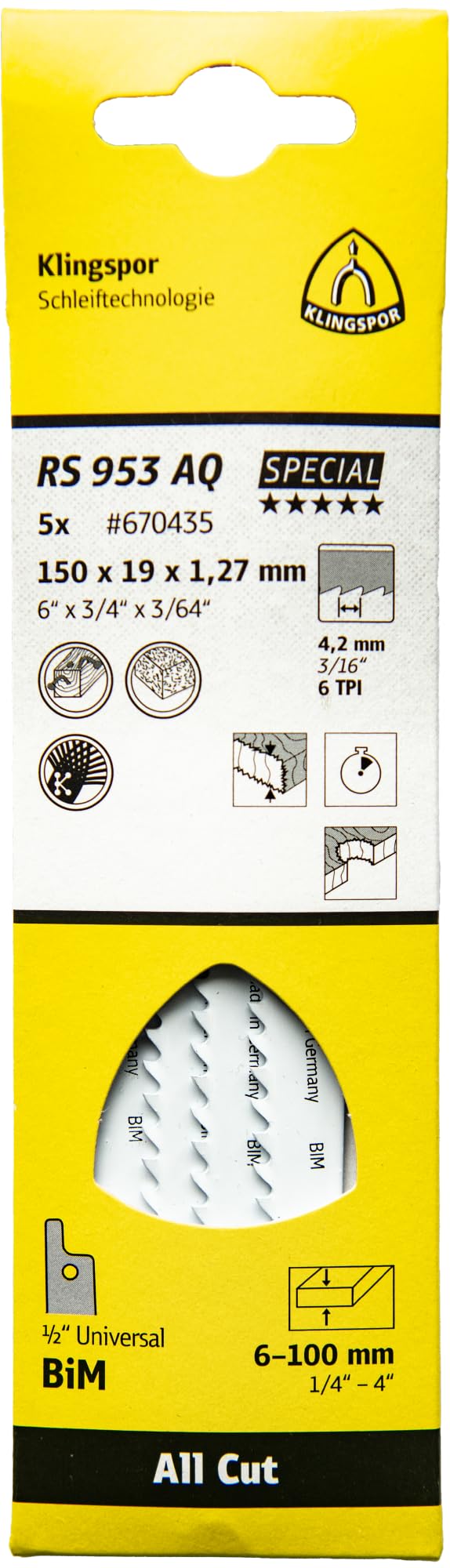 Klingspor 670421 - Hoja de sierra sable bimetal RS 953 AQ, 230 x 19 x 1,27 mm, 6 dientes por pulgada (Lote de 5 uds)