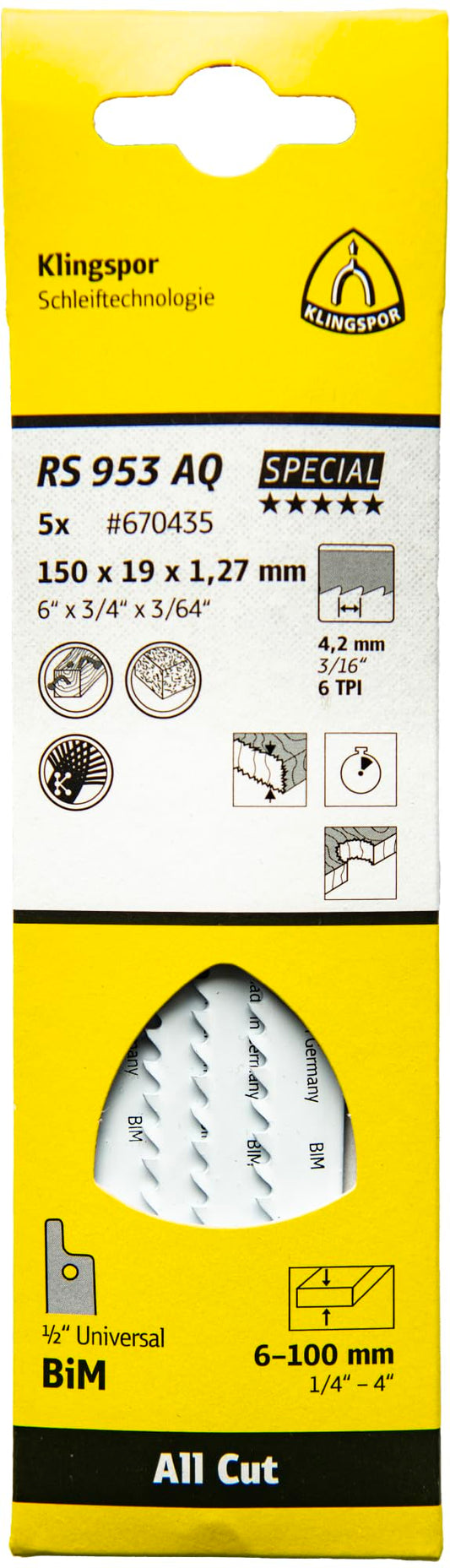 Klingspor 670421 - Hoja de sierra sable bimetal RS 953 AQ, 230 x 19 x 1,27 mm, 6 dientes por pulgada (Lote de 5 uds)