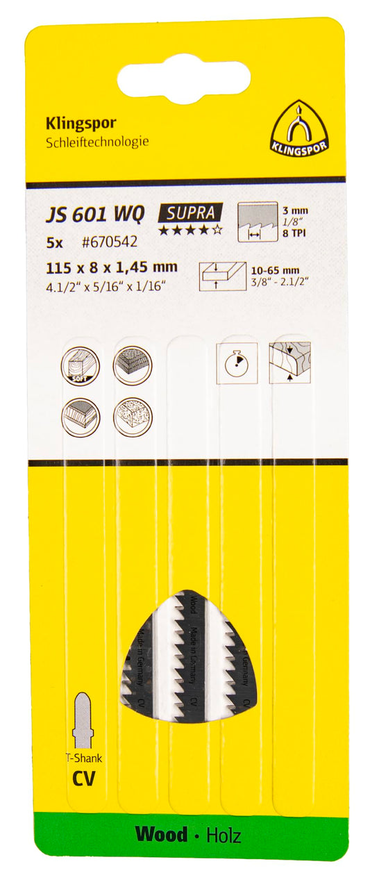 Klingspor 670542 - Hoja de sierra de calar JS 601 WQ, 115 x 8 x 1,45 mm, para madera (Lote de 5 uds)