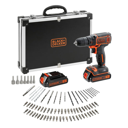 BLACK+DECKER Kit de taladro atornillador INALÁMBRICA de 18V con 2 baterías de 1,5Ah, cargador rápido, juego de 80 accesorios y maletín de transporte, BDCDC18BAFC-QW
