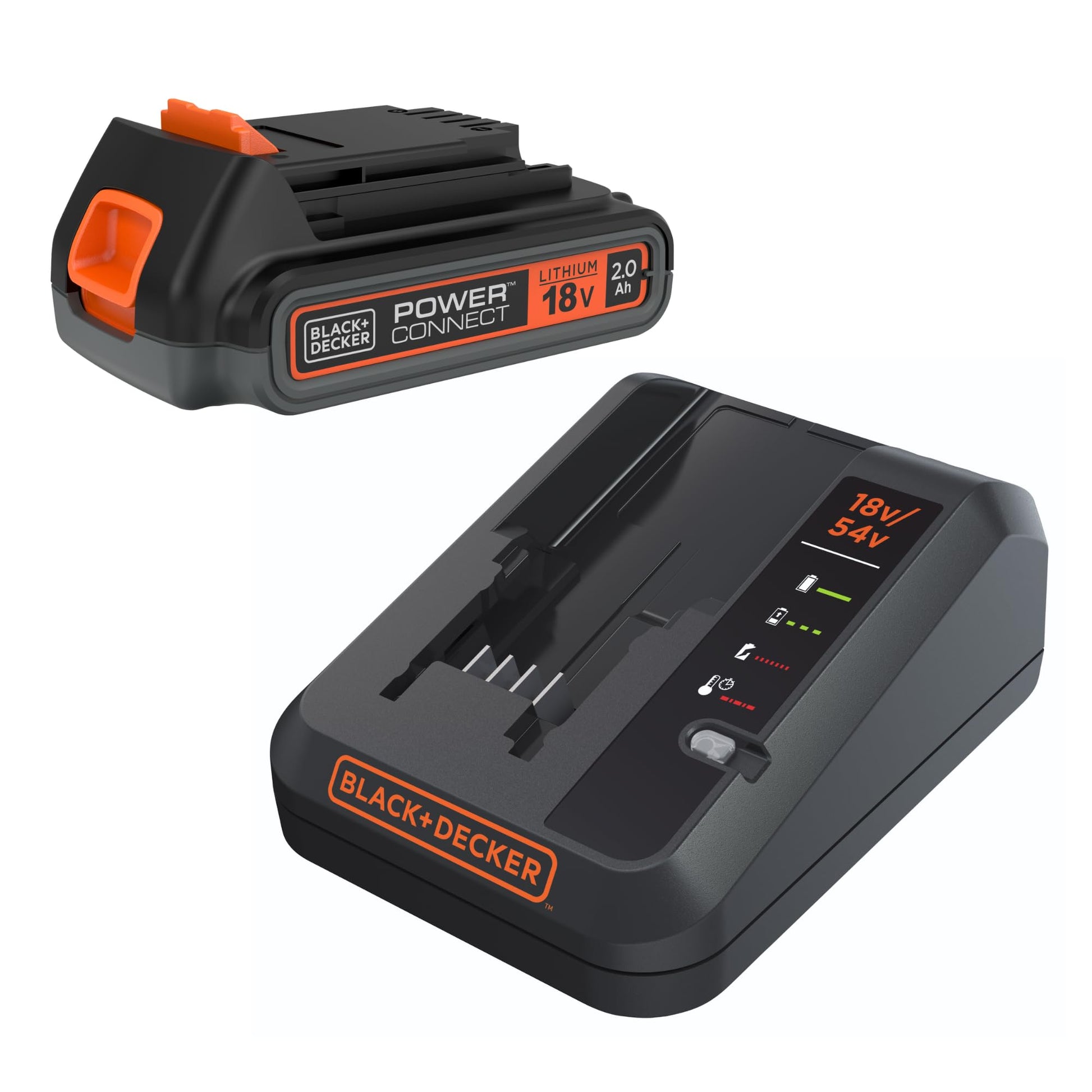 Black+Decker Kit de Inicio de batería y Cargador de 18V de, con batería de Iones de Litio de 2.0Ah y Cargador rápido de 2A, Compatible con Herramientas INALÁMBRICA POWERCONNECT de 18V, BDC2A20-QW