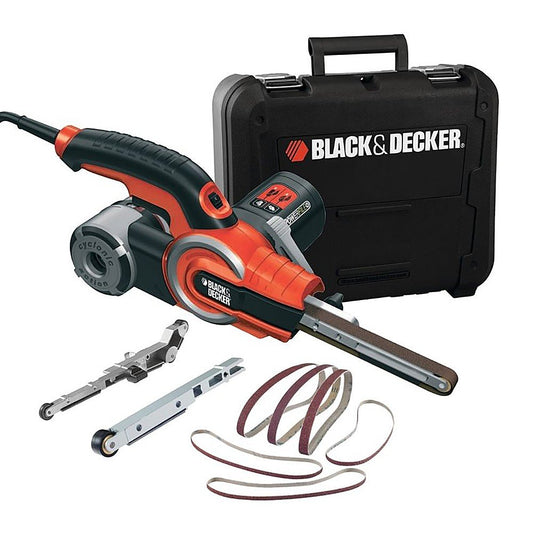 BLACK+DECKER Lijadora eléctrica de limas Powerfile, 350W, velocidad variable, banda delgada de 13mm, 3 brazos intercambiables con 6 bandas abrasivas y maletín de transporte, KA902EK-QS