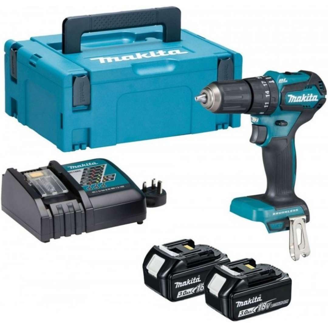 Makita DHP485RAJ - Taladro atornillador de impacto inalámbrico – Motor sin escobillas, luz LED de trabajo – Taladro de percusión, taladro, tornillos, 21 niveles, protección contra polvo y salpicaduras