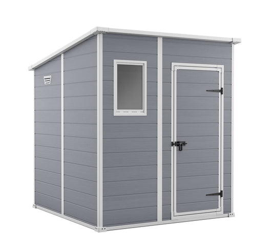 Keter Manor Pent 6X6 - Caseta de jardín, 183,5x185x200,6 cm y 3,1m2, Suelo, Sistema de ventilación, Puerta y Ventana, Resistente al Agua, Color Gris