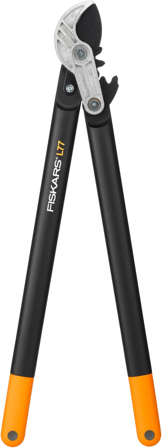 Fiskars Podadera con yunque para madera seca y dura, Sistema cremallera PowerGear II, Diámetro corte: 5 cm, Cuchillas acero templado antiadherente, Longitud: 69 cm, Negro/Naranja, L77, 1000583