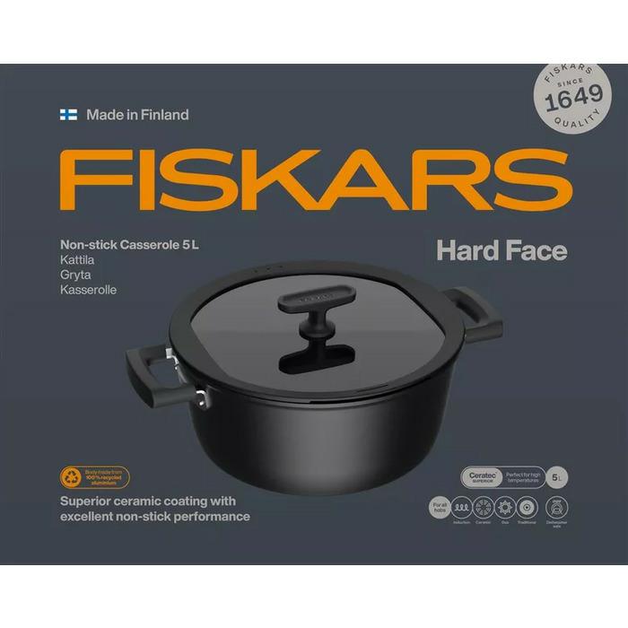 Fiskars Cacerola con Tapa, Hard Face, Diámetro 26 cm, Capacidad: 5 litros, Apta para Todas Las Cocinas, Revestimiento Antiadherente, Resistente a los Arañazos, Aluminio/Plástico, 1075527