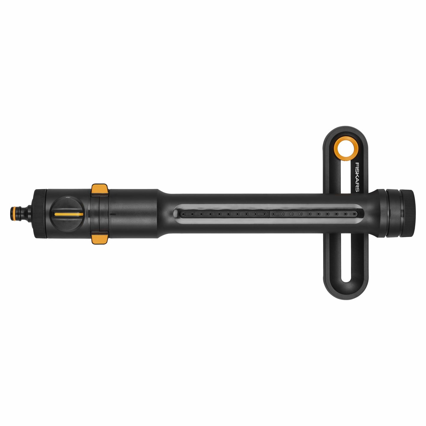 Fiskars Comfort Aspersor oscilante S-L, incluye filtro desmontable y herramienta para limpieza de boquillas, aspersor para áreas de 300-500 m², Negro/naranja, 1070833
