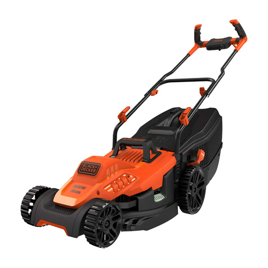 BLACK+DECKER Cortacésped con Manillar de Tipo Bicicleta 1600W, Ancho de Corte 38cm, Sistema E-Drive, EdgeMax y SoftTouch, 6 Alturas de Corte, Depósito 45L, BEMW471BH